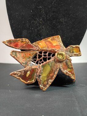 Handmade Brutalist Copper Natural Gemstone Vintage Brooch Pin